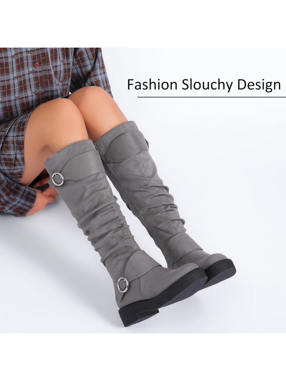 Women's Grey  Leather Rubber Slouchy Knee High Comfortable Stylish Tall Boots - Picture 6 of 6